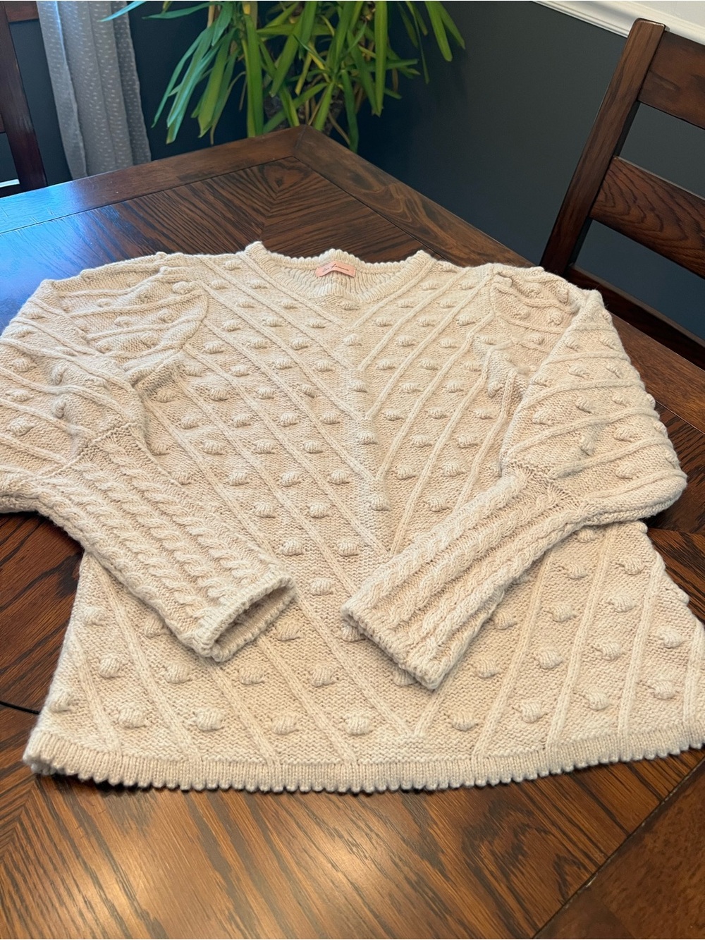 Ces Femme Women’s S Cream Solid Cable Knit Crew Neck Long Sleeve Sweater # 762